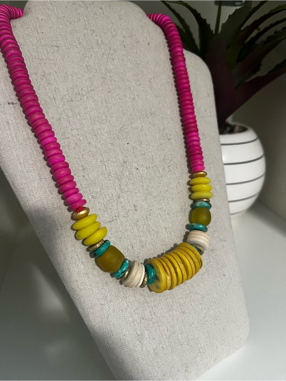 Handcrafted Pink and Yellow Beaded Statement Necklace